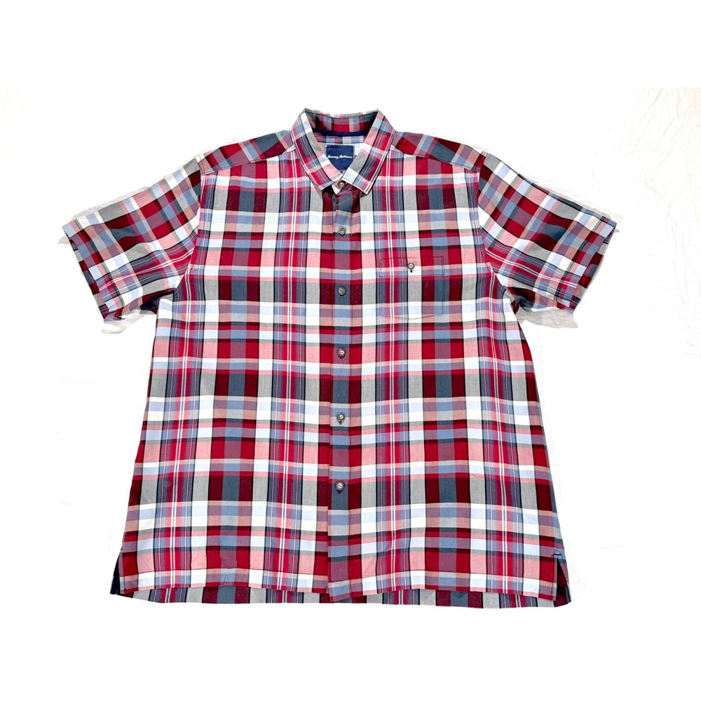 Tommy Bahama Mens 100% Silk Plaid Short Sleeve Button Up Shirt XL Red Blue